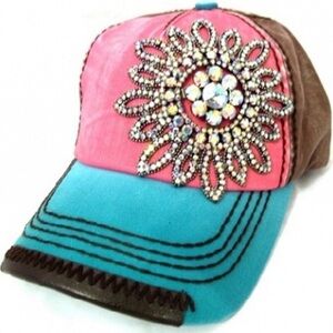 Olive & Pique Rhinestone Flower Multi Colored Ball Cap (Pink/Teal/Brown)